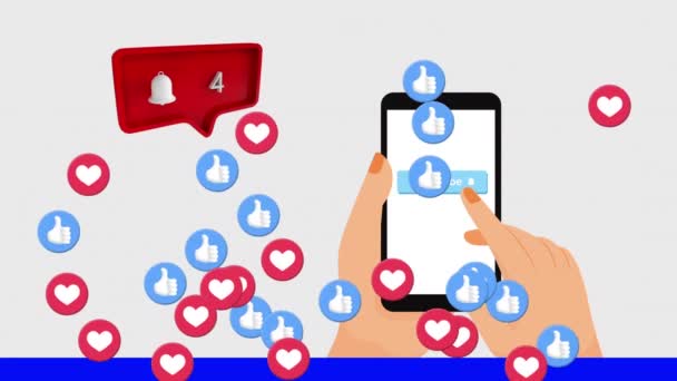 Wiele Ikon Cyfrowych Pływających Dłoni Pomocą Smartfona Białym Tle Social — Wideo stockowe
