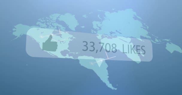 Thumbs Icon Increasing Likes World Map Blue Background Social Media — Stock Video