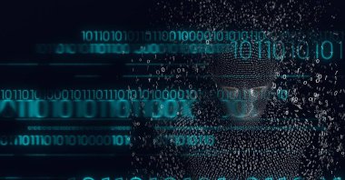 İnsan dijital büstünü ikili kodlama işlemiyle patlatmanın bileşimi. küresel teknoloji, dijital arayüz ve dijital olarak oluşturulan veri işleme konsepti.