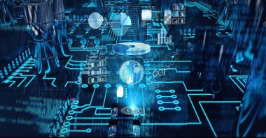 İşlemci devre kartının üzerinde dijital simgeler olan küre kompozisyonu. küresel teknoloji, dijital arayüz ve dijital olarak oluşturulan veri işleme konsepti.