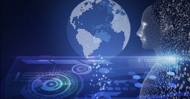 İnsan dijital büstünün bileşimi ikili kodlama işlemleri ve dürbün taraması ile birlikte. küresel teknoloji, dijital arayüz ve dijital olarak oluşturulan veri işleme konsepti.