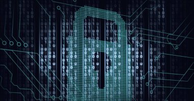 İkili kodlama ile çevrimiçi güvenlik kilidinin bileşimi. küresel teknoloji, dijital arayüz ve dijital olarak oluşturulan veri işleme konsepti.