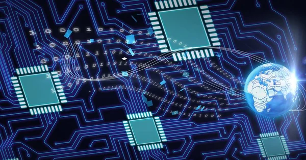 Composition of globe with computer processors over circuit board. global technology, digital interface and data processing concept digitally generated image.