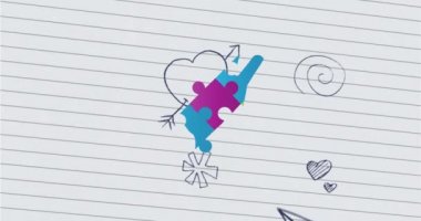 Okul simgelerinin üzerindeki bulmacalarla şekillenen el animasyonu. otizm ve öğrenme zorlukları farkındalık ve dijital olarak üretilen video konsepti.