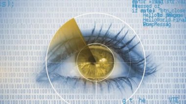 Kapsam taraması animasyonu ve arka plandaki kadının gözüne ikili kodlama. küresel bağlantılar, teknoloji ve dijital arayüzler konsepti dijital olarak oluşturulmuş video.