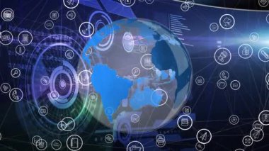 Arka planda dijital simgelerin ve veri işlemenin animasyonu. küresel bağlantılar ve dijital arayüz konsepti dijital olarak oluşturulmuş video.
