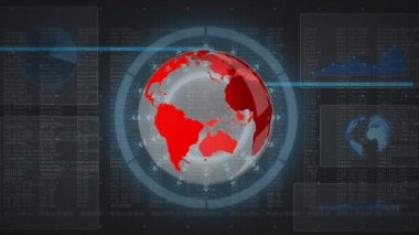 Kapsamlı arayüz animasyonu kırmızı ve gri küreyi tarıyor ve bilgi ilerliyor. iletişim teknolojisi dijital arayüz kavramı, dijital olarak oluşturulmuş video.