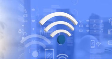 Şehrin her yerinde kablosuz internet ve dijital simgelerin animasyonu. küresel sosyal medya ağı, bağlantı, iletişim ve teknoloji konsepti dijital olarak oluşturulmuş vide