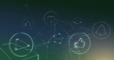 Mavi arkaplandaki bağlantı ağı üzerinden dijital simgelerin canlandırılması. küresel bağlantılar, teknoloji ve dijital arayüz konsepti dijital olarak oluşturulmuş video.