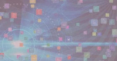 Arka planda dönen çizgiler üzerinde tarayan dijital simgelerin ve dürbünlerin animasyonu. küresel bağlantılar ve dijital arayüz konsepti dijital olarak oluşturulmuş video.