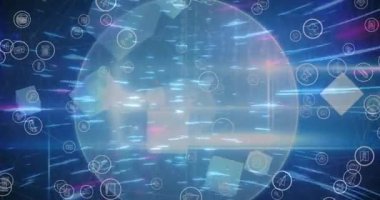 Parlayan ışık yolları ve kürede dijital simgelerin canlandırılması. küresel bağlantılar ve dijital arayüz konsepti dijital olarak oluşturulmuş video.