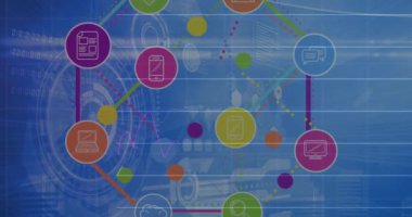 Finansal veri işlemenin animasyonu ve dürbün taraması üzerinden bağlantı ağı. küresel finans ve iş, bağlantılar ve dijital arayüz kavramı dijital olarak oluşturulmuş video.