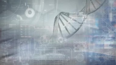 Şehrin üzerinde dönen tıbbi veri işleme ve DNA ipliklerinin animasyonu. küresel tıp ve bilim konsepti dijital olarak üretilen video.