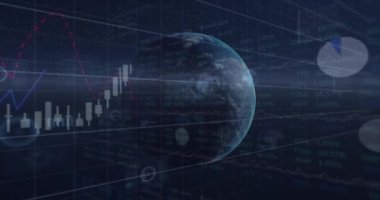 Siyah arkaplan üzerinde hareket eden dünya, istatistik ve bilgi arayüzünün animasyonu. iletişim teknolojisi dijital arayüz kavramı, dijital olarak oluşturulmuş video.