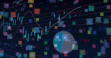 Arka plandaki veri işleme üzerine dijital simgelerin canlandırılması. küresel teknoloji, bağlantılar ve dijital arayüz konsepti dijital olarak oluşturulmuş video.