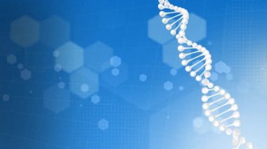 Mavi arka plandaki kimyasal yapılara karşı dönen DNA yapısının dijital animasyonu. tıbbi araştırma ve teknoloji konsepti