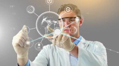 Erkek bilim adamının ekrana dokunması üzerine dijital simgelerle bağlantı ağının animasyonu. küresel tıp ve bilim konsepti dijital olarak üretilen video.