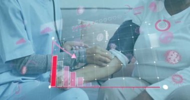 Coperid 19 hücre animasyonu ve hastanın tansiyonunu ölçen doktorun istatistik kaydı. küresel koronavirüs salgını konsepti dijital olarak oluşturulmuş video.