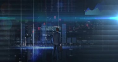 Çantalı iş adamının mali veri işleme animasyonu. küresel işletme ve finans ve ağ konsepti dijital olarak oluşturulmuş video.