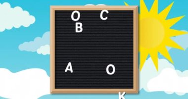 Kara harf tahtasının üzerinde uçan bulmacalar ve mavinin üzerinde güneş ile ilgili animasyon. otizm ve öğrenme zorlukları farkındalık ve dijital olarak üretilen video konsepti.