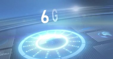 6G metin animasyonu ve koyu arkaplanda hareket eden dürbünle parlayan arayüz. iletişim teknolojisi dijital arayüz kavramı, dijital olarak oluşturulmuş video.