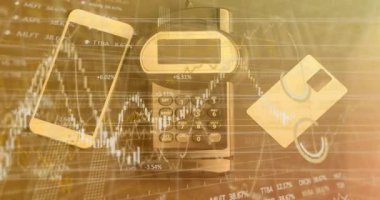 Kredi kartı, akıllı telefon ve kredi kartı üzerinden finansal veri işleme animasyonu. küresel finansman, iş ve temassız ödeme kavramı dijital olarak oluşturulmuş video.
