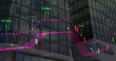 Modern banka binası üzerinde finansal veri işleme animasyonu. küresel finansman, iş ve temassız ödeme kavramı dijital olarak oluşturulmuş video.