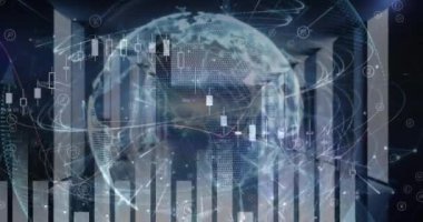 Dünya ve bilgisayar sunucularında finansal veri işleme animasyonu. küresel finansman ve iş, bağlantılar ve dijital arayüz konsepti dijital olarak oluşturulmuş video.