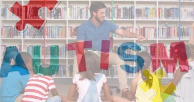 Otizm metninin üzerine düşen bulmacaların animasyonu ve okul çocuklarıyla birlikte erkek öğretmen. otizm ve öğrenme zorlukları farkındalık ve dijital olarak üretilen video konsepti.