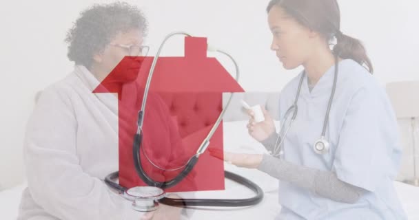 Animazione Stetoscopio Casa Rossa Sopra Dottore Femminile Con Donna Più — Video Stock