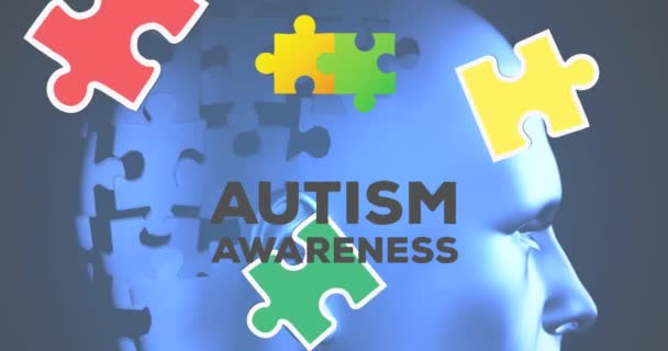 Animación Autismo Conciencia Mes Texto Sobre Cabeza Azul Formado Con — Vídeos de Stock