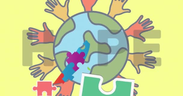 Animation Hope Text Puzzles Forming Ribbon Globe Hands Autism Learning — Stock Video