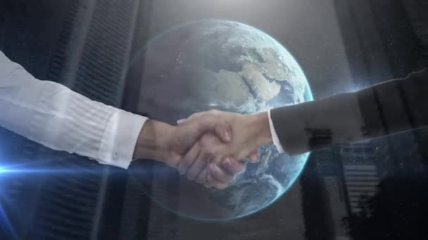 Animacja Biznesmenki Biznesmenki Ściskającej Dłonie Nad Pejzażem Miasta Globusem Globalne — Wideo stockowe