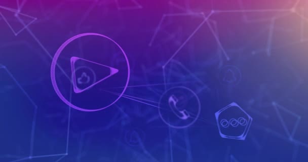 Animation Digitaler Symbole Über Ein Netzwerk Von Verbindungen Auf Violettem — Stockvideo