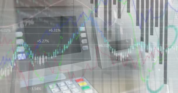 Animação Processamento Dados Financeiros Sobre Máquina Atm Conceito Finanças Globais — Vídeo de Stock