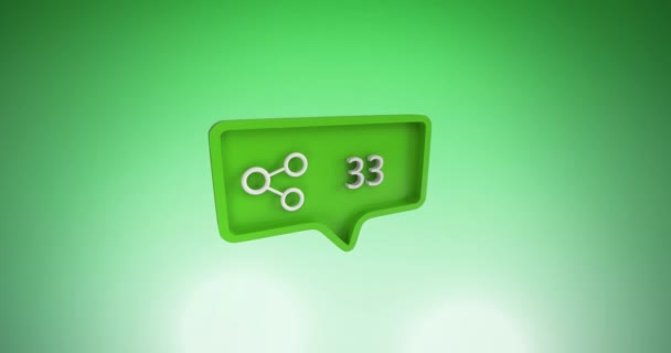 在绿色背景下 具有共享图标和数字的语音泡沫动画 全球社交媒体网络 通信和技术概念 — 图库视频影像