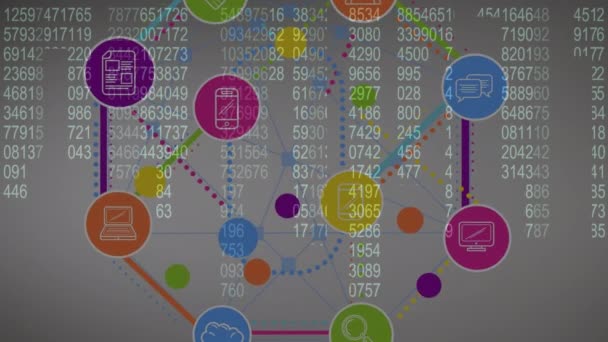Animation Des Netzwerks Von Verbindungen Mit Digitalen Icons Und Zahlenverarbeitung — Stockvideo