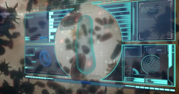 Covid 19細胞上の細胞および医療データ処理のアニメーション 世界的なコロナウイルスのパンデミック 医療の概念をデジタルで生成したビデオ — ストック動画