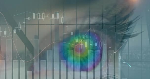 Animación Estadísticas Procesamiento Datos Sobre Ojo Mujer Segundo Plano Conexiones — Vídeos de Stock