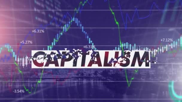 Animation Financial Data Processing Capitalism Writing Modern Cityscape Global Finances — Stock Video