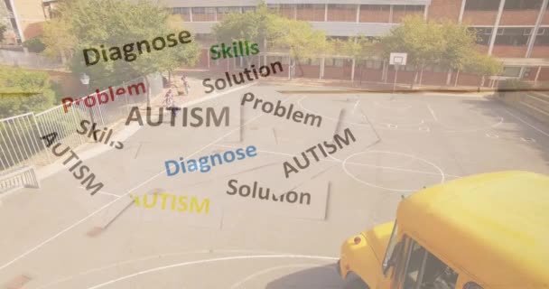 孤独症意识 文字和心灵的动画 伴随着对学生上校车的困惑 自闭症和学习困难认识和支持数字视频概念 — 图库视频影像