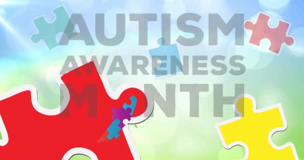 Animation Autism Awareness Month Text Puzzles Forming Ribbon Blue Background — Stock Video