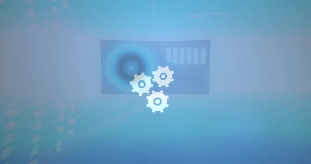 动画界面与转动齿轮 人和商业图标在模糊的蓝色背景上 通信技术数字接口概念 数字生成视频 — 图库视频影像