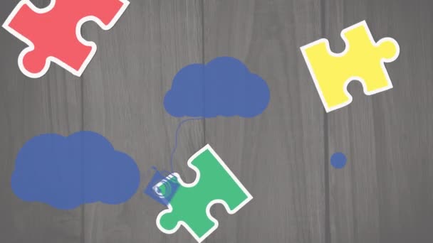 Animatie Van Puzzels Vallen Menselijke Hersenen Met Doolhof Blauwe Wolken — Stockvideo