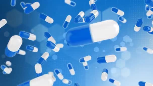 Animação Digital Pílulas Médicas Que Caem Contra Estruturas Químicas Fundo — Vídeo de Stock