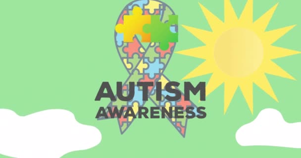 緑の背景にリボンを形成パズルと自閉症の意識月のテキストのアニメーション 自閉症や学習障害の認識と支援の概念をデジタルで生成したビデオ — ストック動画