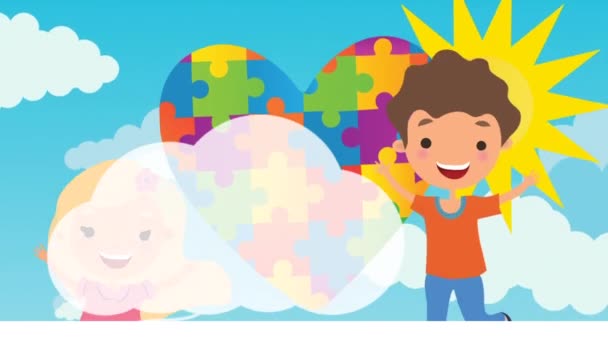 雲やアイコンと心と幸せな男の子と女の子を形成パズルのアニメーション 自閉症や学習障害の認識と支援の概念をデジタルで生成したビデオ — ストック動画