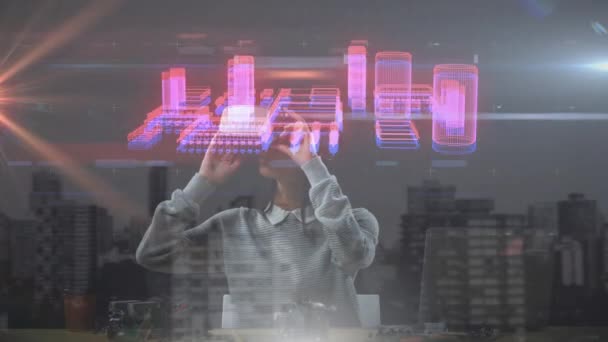 Animáció Ahogy Számítógép Processzor Forog Egy Felett Aki Fejhallgatót Városképet — Stock videók