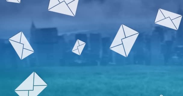 Animazione Più Icone Busta Mail Paesaggio Urbano Rete Globale Social — Video Stock