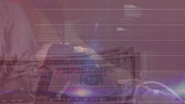 Pénzügyi Adatok Feldolgozásának Animációja Arcmaszkot Viselő Orvos Amerikai Dollár Bankjegyek — Stock videók